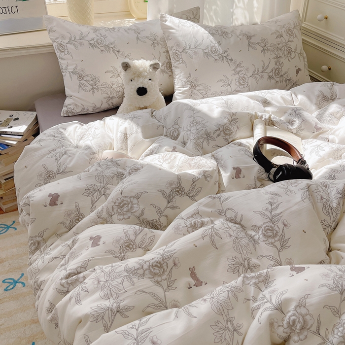 91家纺网 家纺一手货源 找家纺 芷凡家纺 2025新款水洗棉双层纱四件套 素馨花恋