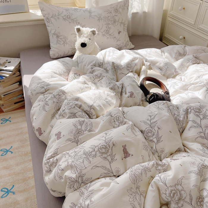 91家纺网 家纺一手货源 找家纺 芷凡家纺 2025新款水洗棉双层纱四件套 素馨花恋