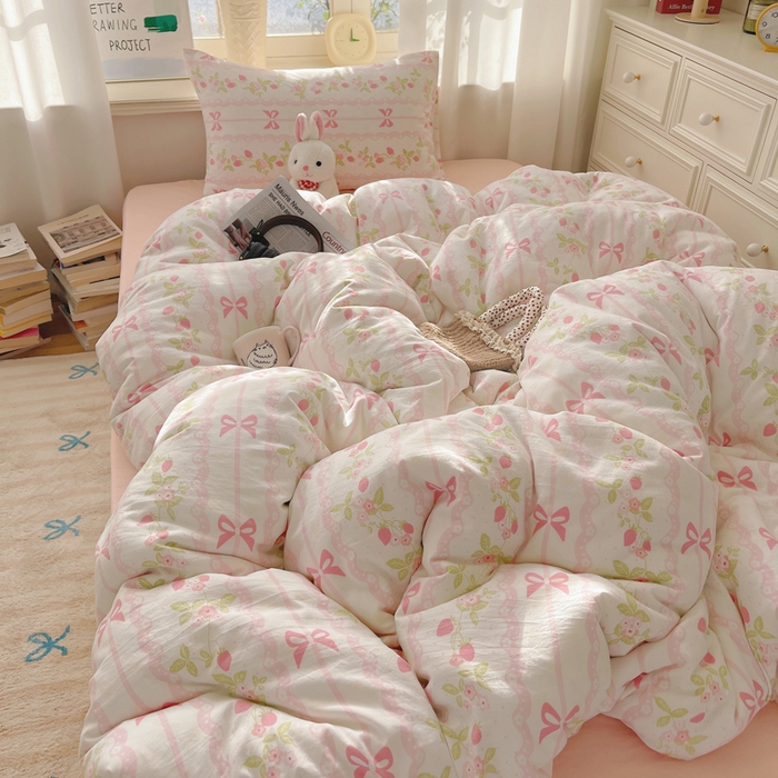 91家纺网 家纺一手货源 找家纺 芷凡家纺 2025新款水洗棉双层纱四件套 微风许甜