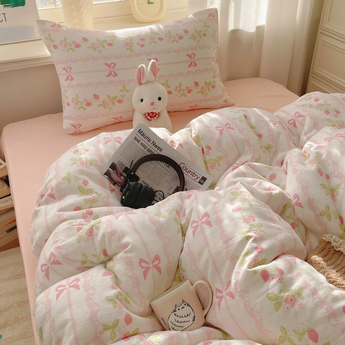 91家纺网 家纺一手货源 找家纺 芷凡家纺 2025新款水洗棉双层纱四件套 微风许甜