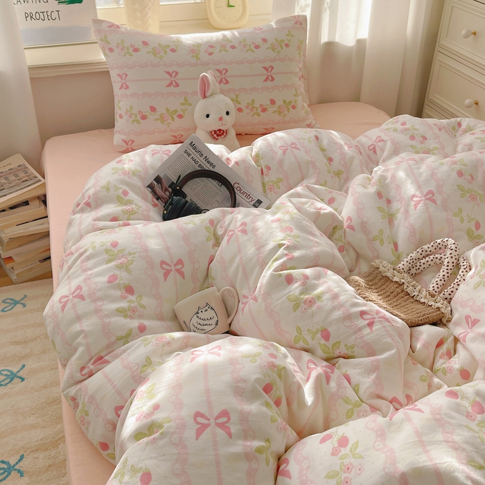 91家纺网 家纺一手货源 找家纺 芷凡家纺 2025新款水洗棉双层纱四件套 微风许甜