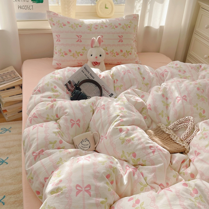 91家纺网 家纺一手货源 找家纺 芷凡家纺 2025新款水洗棉双层纱四件套 微风许甜