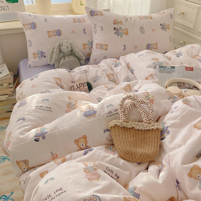 91家纺网 家纺一手货源 找家纺 芷凡家纺 2025新款水洗棉双层纱四件套 熊宝乐园