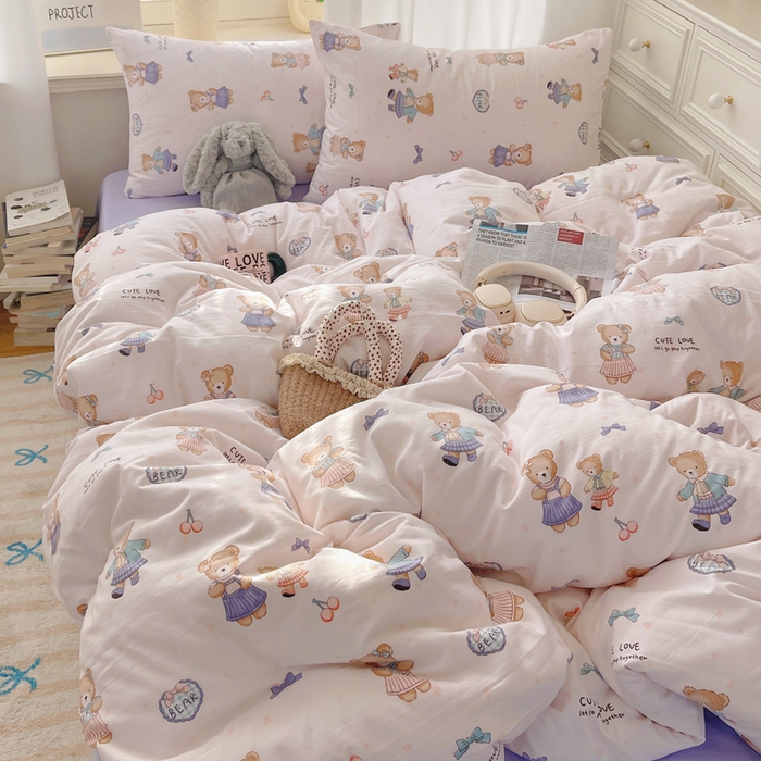 91家纺网 家纺一手货源 找家纺 芷凡家纺 2025新款水洗棉双层纱四件套 熊宝乐园