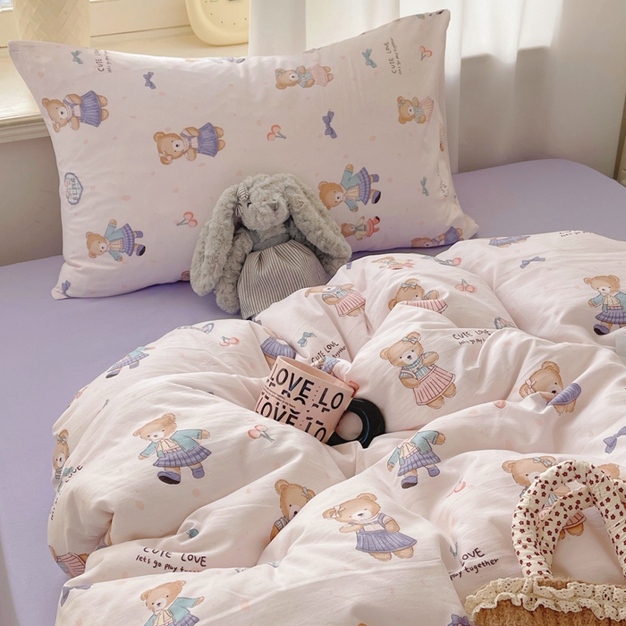 91家纺网 家纺一手货源 找家纺 芷凡家纺 2025新款水洗棉双层纱四件套 熊宝乐园