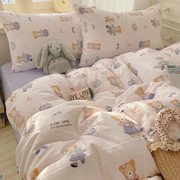 91家纺网 家纺一手货源 找家纺 芷凡家纺 2025新款水洗棉双层纱四件套 熊宝乐园