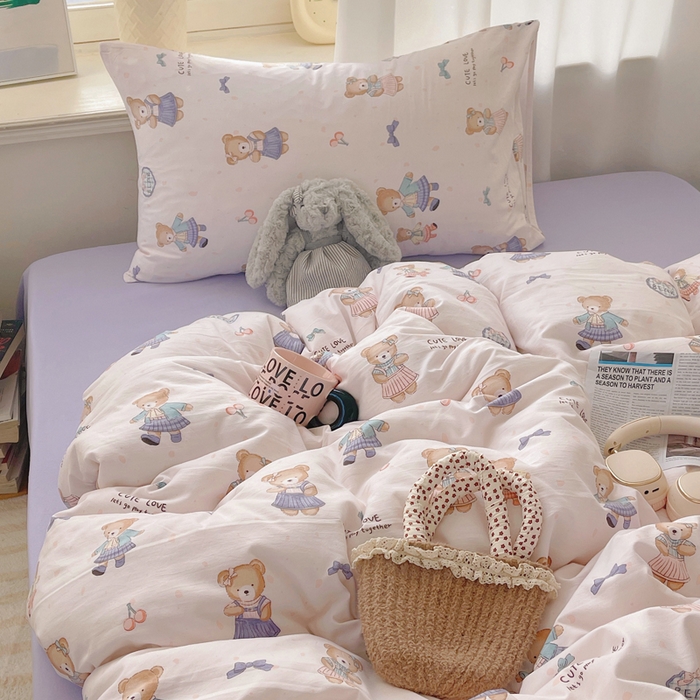 91家纺网 家纺一手货源 找家纺 芷凡家纺 2025新款水洗棉双层纱四件套 熊宝乐园