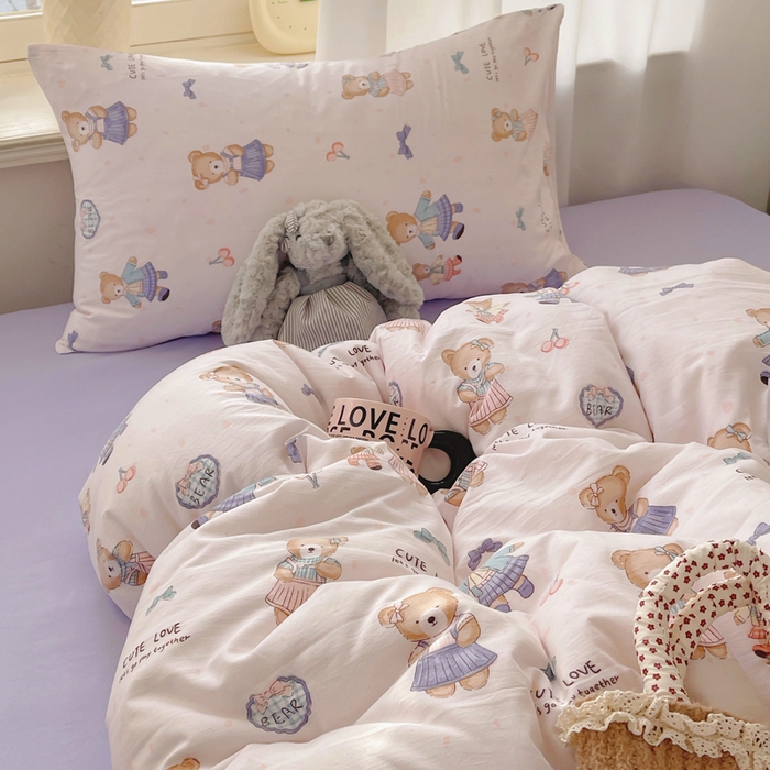 91家纺网 家纺一手货源 找家纺 芷凡家纺 2025新款水洗棉双层纱四件套 熊宝乐园