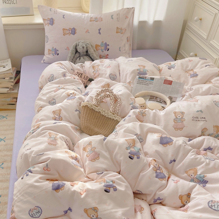 91家纺网 家纺一手货源 找家纺 芷凡家纺 2025新款水洗棉双层纱四件套 熊宝乐园