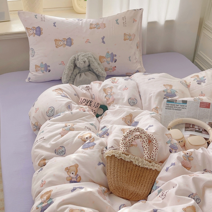 91家纺网 家纺一手货源 找家纺 芷凡家纺 2025新款水洗棉双层纱四件套 熊宝乐园