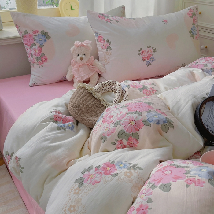 91家纺网 家纺一手货源 找家纺 芷凡家纺 2025新款水洗棉双层纱四件套 悦夏花季