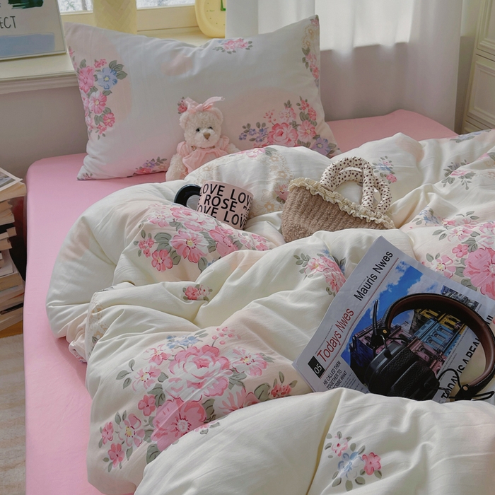 91家纺网 家纺一手货源 找家纺 芷凡家纺 2025新款水洗棉双层纱四件套 悦夏花季