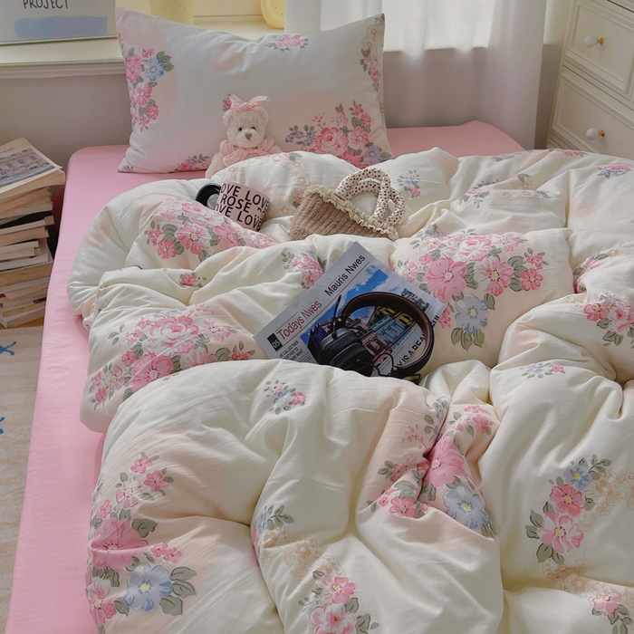 91家纺网 家纺一手货源 找家纺 芷凡家纺 2025新款水洗棉双层纱四件套 悦夏花季