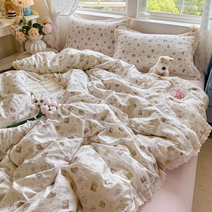 91家纺网 家纺一手货源 找家纺 Mata蔓塔家 2025新款云感双层纱全棉镂空花边四件套 狗狗伙伴