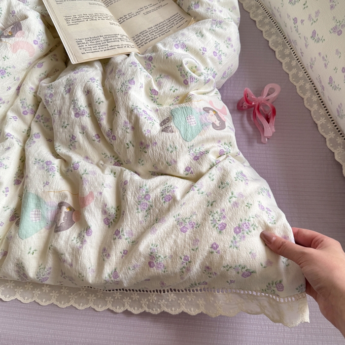 91家纺网 家纺一手货源 找家纺 Mata蔓塔家 2025新款云感双层纱全棉镂空花边四件套 桔梗语