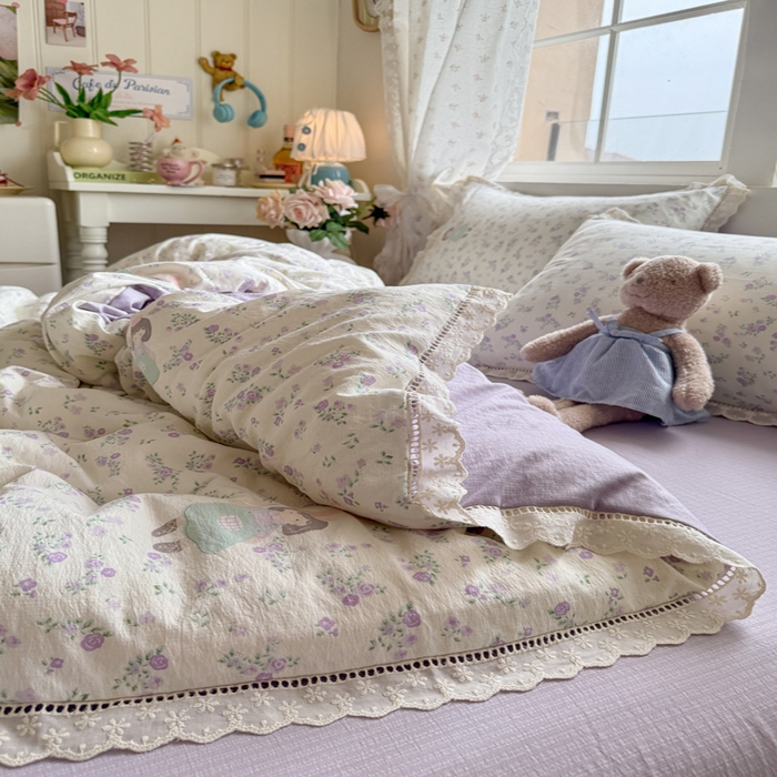 91家纺网 家纺一手货源 找家纺 Mata蔓塔家 2025新款云感双层纱全棉镂空花边四件套 桔梗语