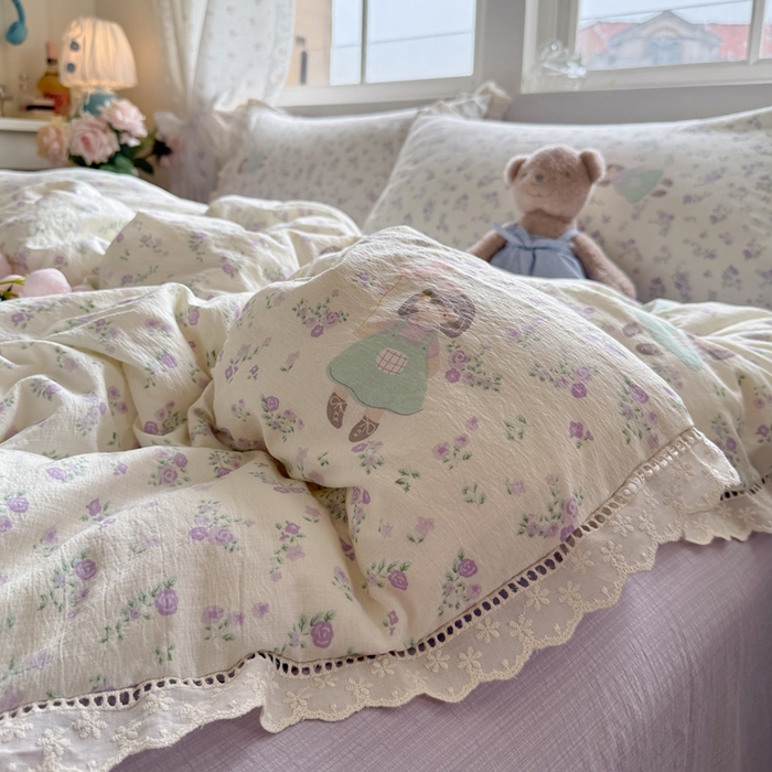 91家纺网 家纺一手货源 找家纺 Mata蔓塔家 2025新款云感双层纱全棉镂空花边四件套 桔梗语