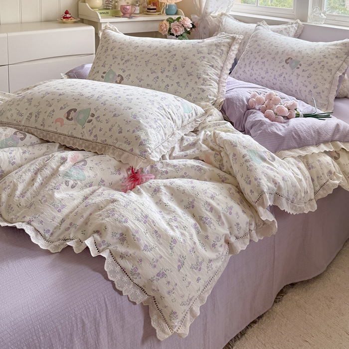 91家纺网 家纺一手货源 找家纺 Mata蔓塔家 2025新款云感双层纱全棉镂空花边四件套 桔梗语