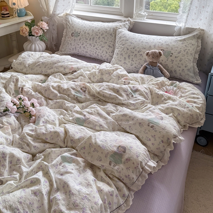 91家纺网 家纺一手货源 找家纺 Mata蔓塔家 2025新款云感双层纱全棉镂空花边四件套 桔梗语