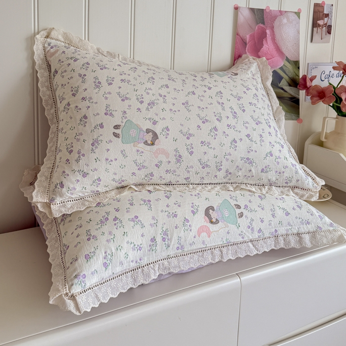 91家纺网 家纺一手货源 找家纺 Mata蔓塔家 2025新款云感双层纱全棉镂空花边四件套 桔梗语