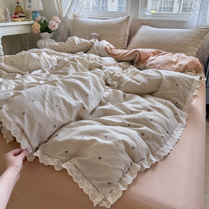 Mata蔓塔家 2025新款云感双层纱全棉镂空花边四件套 咖啡豆