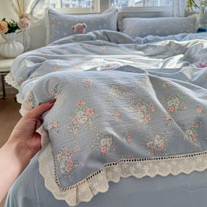 Mata蔓塔家 2025新款云感双层纱全棉镂空花边四件套 蓝风铃