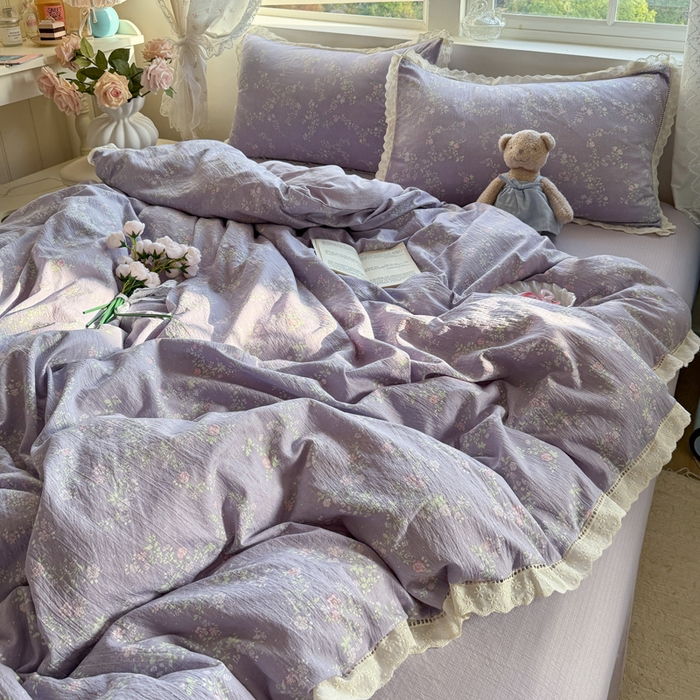 91家纺网 家纺一手货源 找家纺 Mata蔓塔家 2025新款云感双层纱全棉镂空花边四件套 梦境低语