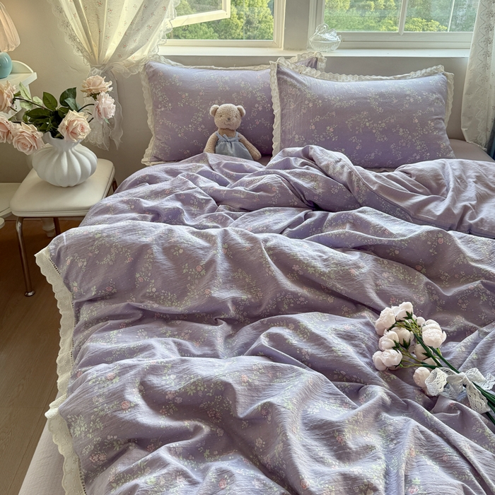 91家纺网 家纺一手货源 找家纺 Mata蔓塔家 2025新款云感双层纱全棉镂空花边四件套 梦境低语