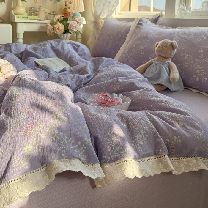 91家纺网 家纺一手货源 找家纺 Mata蔓塔家 2025新款云感双层纱全棉镂空花边四件套 梦境低语