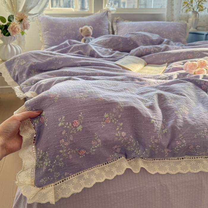 91家纺网 家纺一手货源 找家纺 Mata蔓塔家 2025新款云感双层纱全棉镂空花边四件套 梦境低语