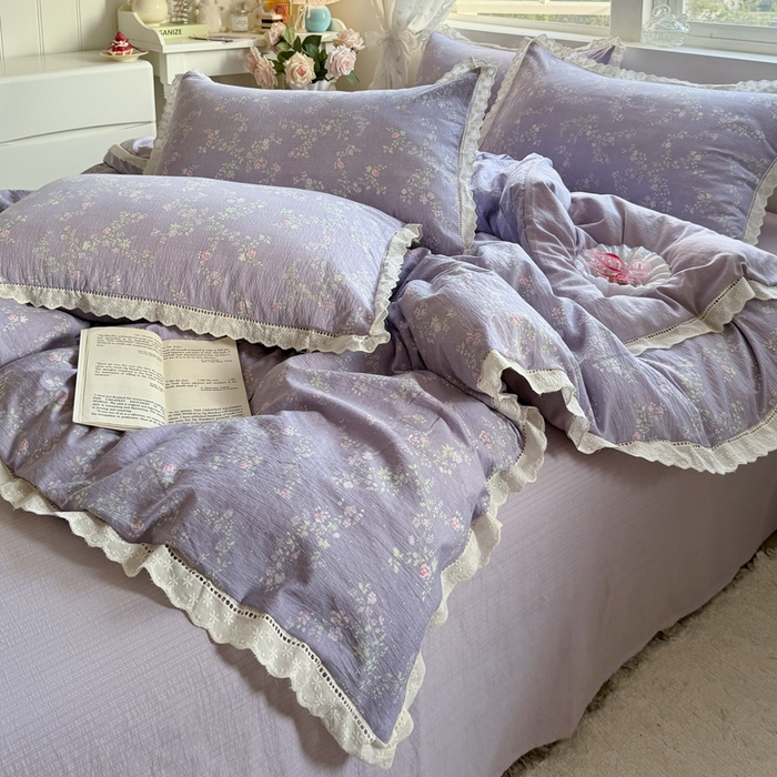 91家纺网 家纺一手货源 找家纺 Mata蔓塔家 2025新款云感双层纱全棉镂空花边四件套 梦境低语