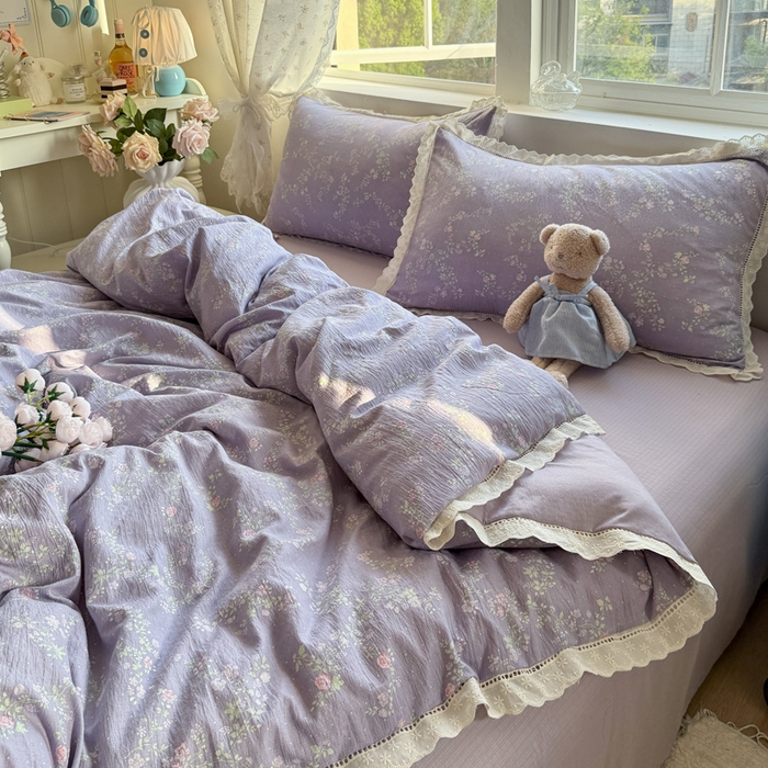 91家纺网 家纺一手货源 找家纺 Mata蔓塔家 2025新款云感双层纱全棉镂空花边四件套 梦境低语