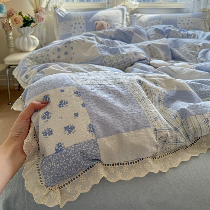 91家纺网 家纺一手货源 找家纺 Mata蔓塔家 2025新款云感双层纱全棉镂空花边四件套 田园诗