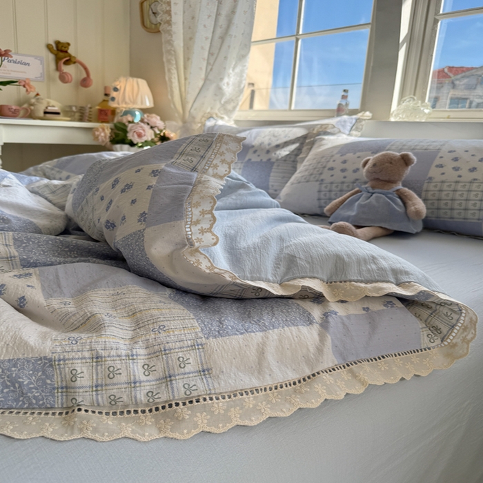 91家纺网 家纺一手货源 找家纺 Mata蔓塔家 2025新款云感双层纱全棉镂空花边四件套 田园诗