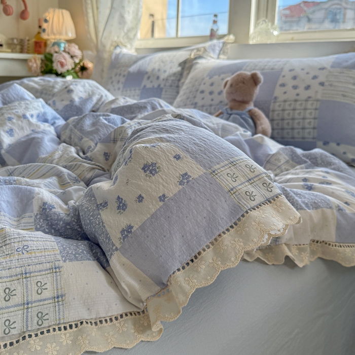 91家纺网 家纺一手货源 找家纺 Mata蔓塔家 2025新款云感双层纱全棉镂空花边四件套 田园诗