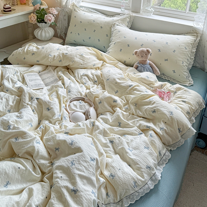 91家纺网 家纺一手货源 找家纺 Mata蔓塔家 2025新款云感双层纱全棉镂空花边四件套 夏岛