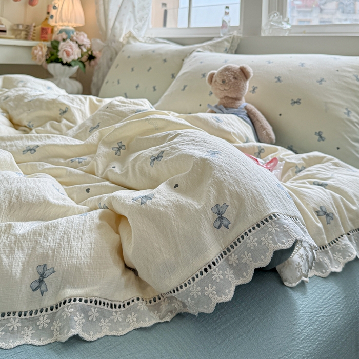 91家纺网 家纺一手货源 找家纺 Mata蔓塔家 2025新款云感双层纱全棉镂空花边四件套 夏岛