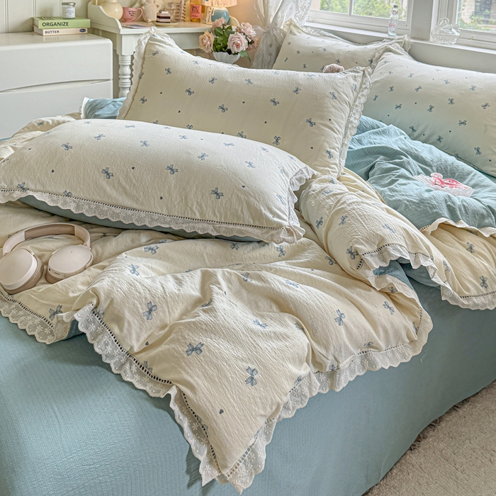 91家纺网 家纺一手货源 找家纺 Mata蔓塔家 2025新款云感双层纱全棉镂空花边四件套 夏岛