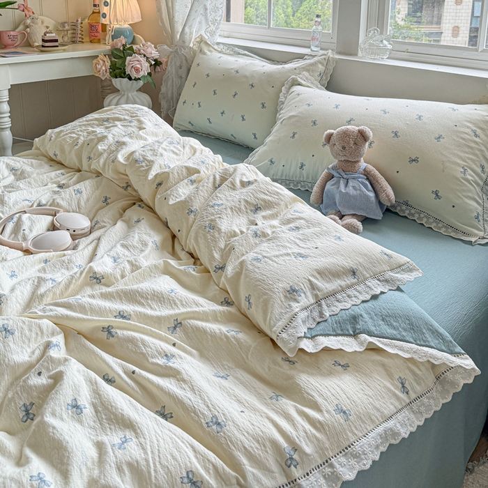 91家纺网 家纺一手货源 找家纺 Mata蔓塔家 2025新款云感双层纱全棉镂空花边四件套 夏岛