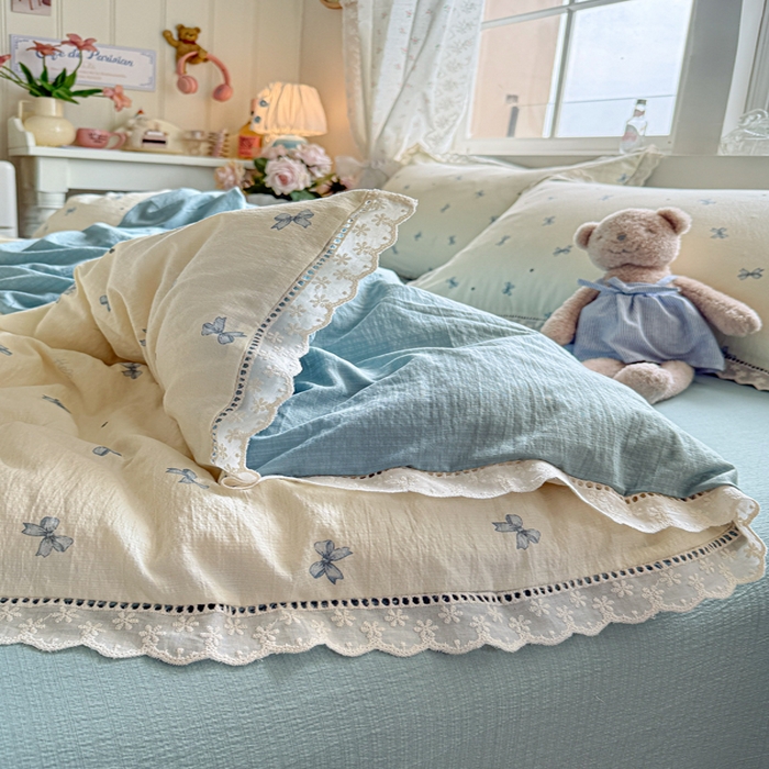 91家纺网 家纺一手货源 找家纺 Mata蔓塔家 2025新款云感双层纱全棉镂空花边四件套 夏岛