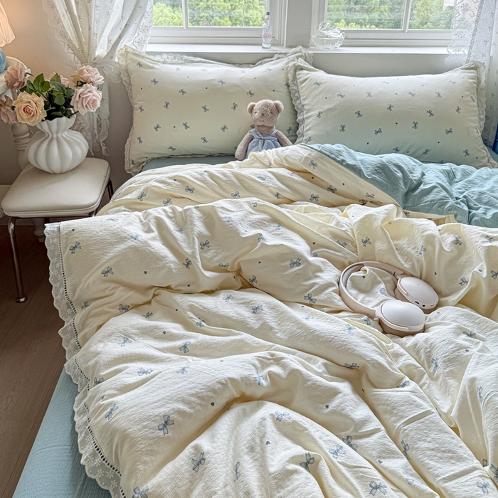 91家纺网 家纺一手货源 找家纺 Mata蔓塔家 2025新款云感双层纱全棉镂空花边四件套 夏岛