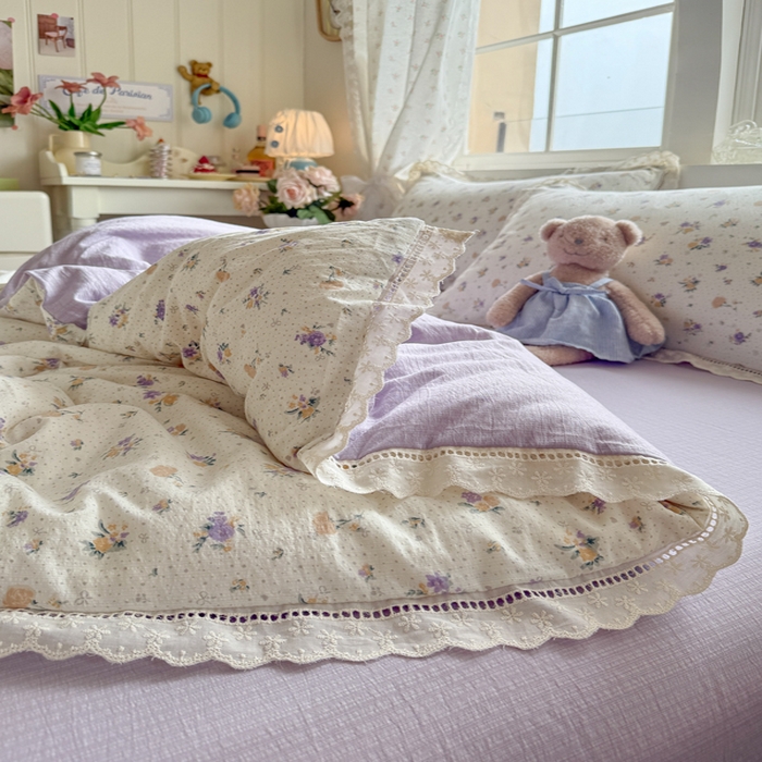 91家纺网 家纺一手货源 找家纺 Mata蔓塔家 2025新款云感双层纱全棉镂空花边四件套 紫蝴蝶