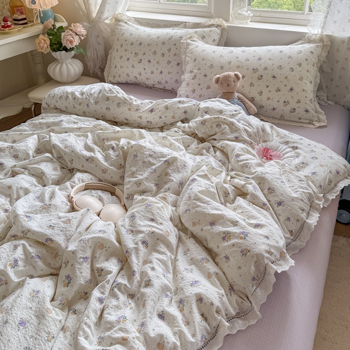 91家纺网 家纺一手货源 找家纺 Mata蔓塔家 2025新款云感双层纱全棉镂空花边四件套 紫蝴蝶