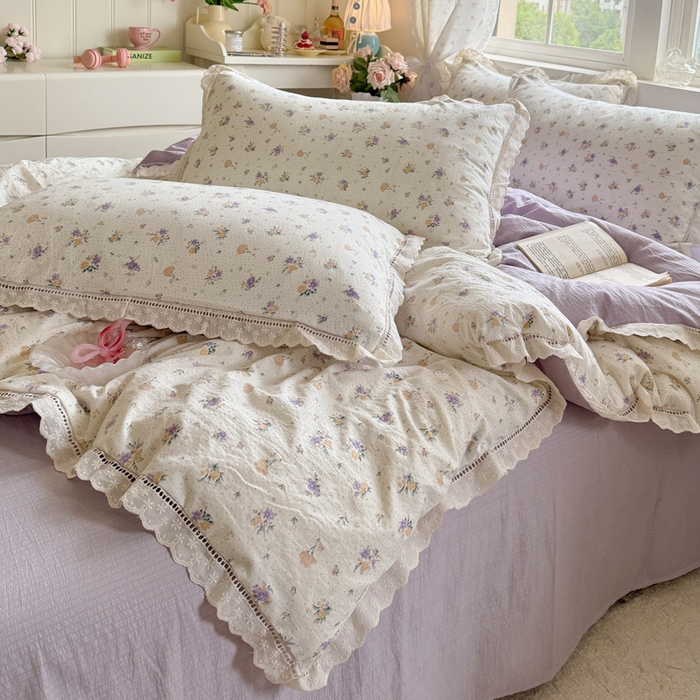 91家纺网 家纺一手货源 找家纺 Mata蔓塔家 2025新款云感双层纱全棉镂空花边四件套 紫蝴蝶