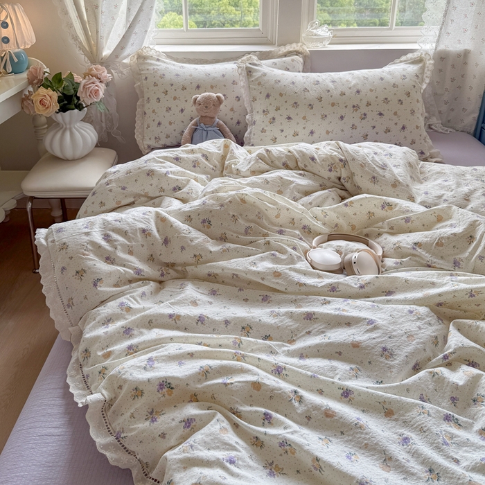 91家纺网 家纺一手货源 找家纺 Mata蔓塔家 2025新款云感双层纱全棉镂空花边四件套 紫蝴蝶