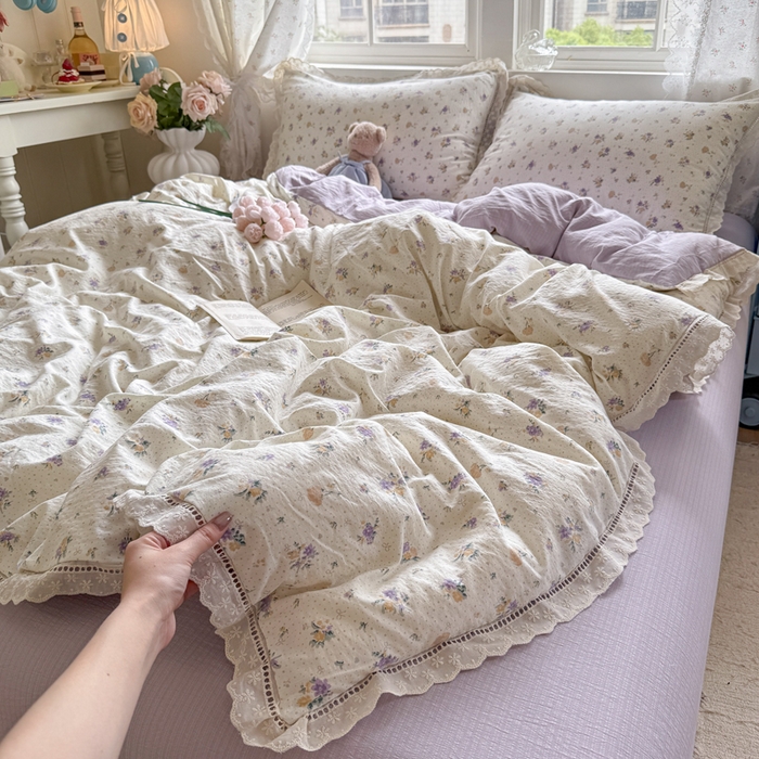 Mata蔓塔家 2025新款云感双层纱全棉镂空花边四件套 紫蝴蝶