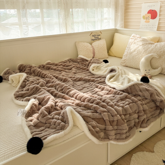 潮邦创意家居2025新款全新升级阳离子提花兔毛球毯-雪兔波纹系列 雪兔波纹-浅焙咖