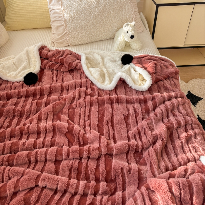 91家纺网 家纺一手货源 找家纺 潮邦创意家居2025新款全新升级阳离子提花兔毛球毯-雪兔波纹系列 雪兔波纹-绒焰红