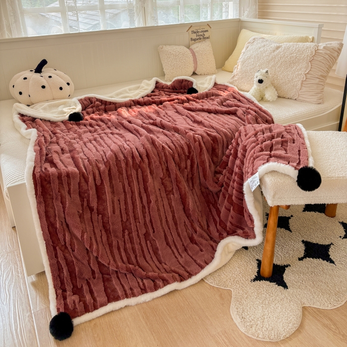 91家纺网 家纺一手货源 找家纺 潮邦创意家居2025新款全新升级阳离子提花兔毛球毯-雪兔波纹系列 雪兔波纹-绒焰红