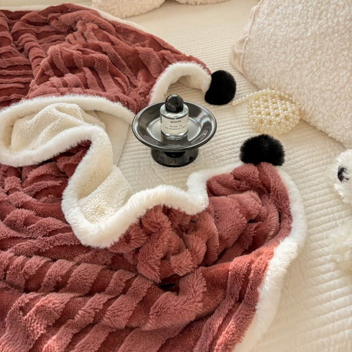 91家纺网 家纺一手货源 找家纺 潮邦创意家居2025新款全新升级阳离子提花兔毛球毯-雪兔波纹系列 雪兔波纹-绒焰红